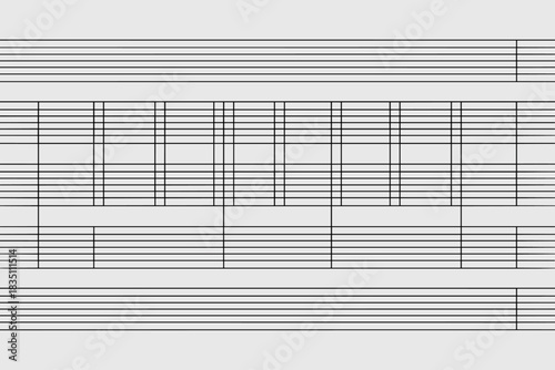 Standard empty music staff notation paper template background featuring clean horizontal and vertical black lines, multiple five-line staves ready for complex composing, arrangement, and professional