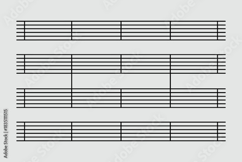 Clean blank sheet music score paper template displaying multiple five-line staves and measures, including a connected grand staff system for detailed piano, choral, or instrumental arrangement composi