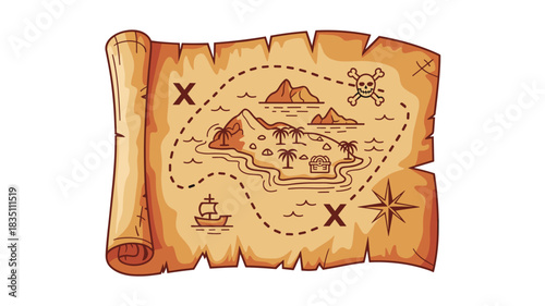 Vintage pirate treasure map illustration on aged parchment scroll showing a tropical island landscape, X marks the spot, dotted path, skull, ship, and compass rose for historical discovery, education,