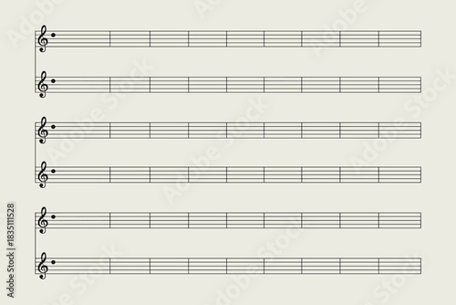 Empty sheet music staff paper template featuring multiple treble clef systems, perfect for composition, practice, or music notation writing, a clean graphic resource ideal for educational materials, p