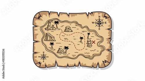 Classic hand drawn pirate treasure map vector illustration of an isolated tropical island featuring high rock formations, scattered palm trees, winding dotted route, directional compass, and a skull m