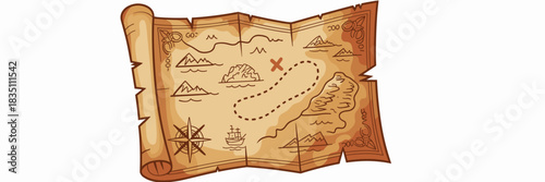 A vintage, hand-drawn pirate treasure map illustration isolated on white background, showing crumpled old parchment details, a detailed compass rose, and a dotted route leading to the red X location;