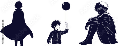 Anime Style Silhouettes of a Young Man in Different Poses character male