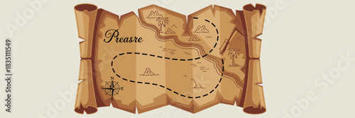 Detailed antique treasure map vector illustration on old folded brown parchment scroll, showing a dashed path tracing a rugged island journey across a coastline with mountains, palm trees, and a nauti