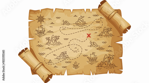 Vintage antique parchment treasure map illustration graphic resource showing the dotted navigational route to the red X marks the spot for pirate hidden gold, featuring tropical islands, sailboats, an