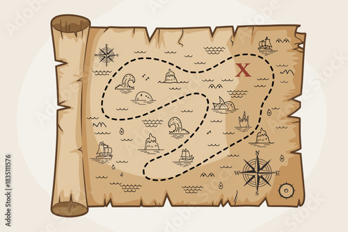 Vintage pirate treasure map illustration showing a hand-drawn quest journey with a dotted path leading to the red X marks the spot on weathered antique parchment scroll background, symbolizing explora