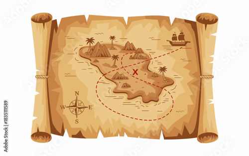 Detailed cartoon vector illustration of an ancient pirate treasure map parchment scroll showing a tropical island, compass rose, sailing route, and the "X marks the spot" destination, perfect for adve
