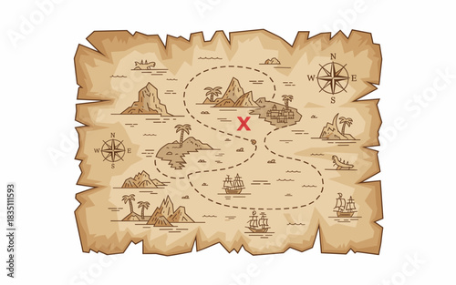 Detailed vintage antique pirate treasure map vector illustration displaying a navigational path across tropical islands, ships, and mountains, symbolizing adventure, discovery, and the secret location