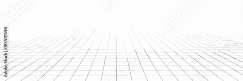 Minimalist geometric black and white wireframe grid pattern receding into a bright white distant vanishing point horizon plane, creating an infinite perspective technical digital background for VR, cy