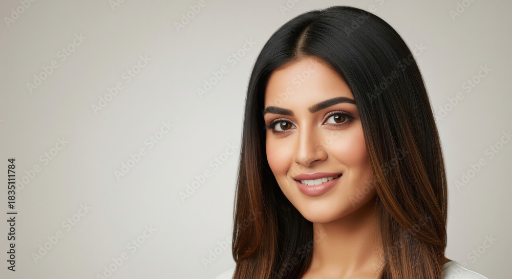 Fototapeta premium Beautiful Young Woman with Radiant Smile Studio Portrait