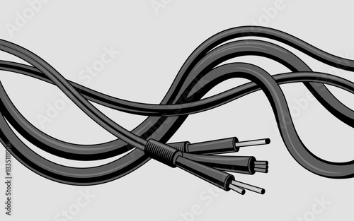 Wavy black electrical power cable bundle illustration with stripped ends exposing metallic wires and fiber optic cores, symbolizing high-speed data flow, digital networking, complex telecom infrastruc