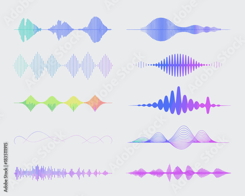 Dynamic set of colorful abstract sound waves and audio visualization graphic assets, representing digital frequency equalizer spectrum for modern music, voice command, podcasting, and communication te