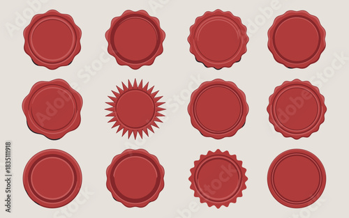 A diverse collection of classic vintage wax seals set featuring deep red burgundy crimson official stamps, displaying various scalloped and sunburst edges, ideal secure blank vector design templates f
