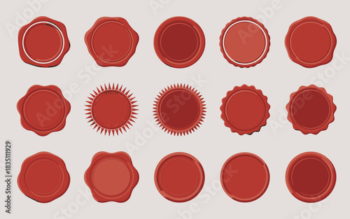 Isolated red sealing wax stamp collection vector set, classic vintage certificate templates and business guarantee quality assurance badges with scalloped and organic borders for luxury marketing and