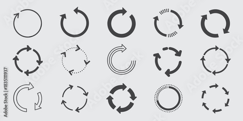 Comprehensive graphic collection of diverse rotating cycle arrows, circular loop icons, and segmented process symbols in a minimalist vector style, ideal for modern digital design, continuous business