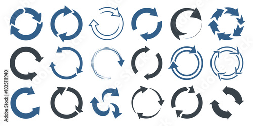 Large collection of modern vector circular arrow icons and refresh symbols illustrating continuous rotation, looping processes, and sequential steps. Essential graphic elements for business infographi