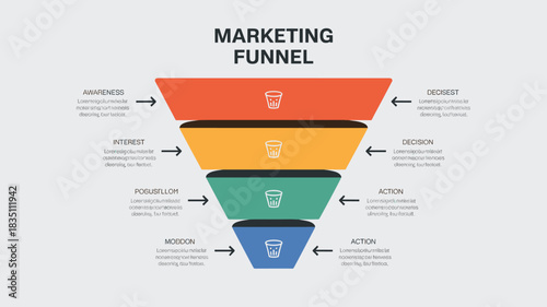 Professional four-step marketing sales conversion funnel diagram infographic template detailing the customer acquisition journey and business strategy pipeline process, illustrating decision stages an