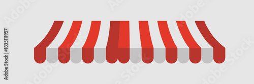 Detailed red and white striped store awning flat vector graphic illustration, perfect for retail business design, commerce marketing, or marketplace branding element, isolated on a professional backdr