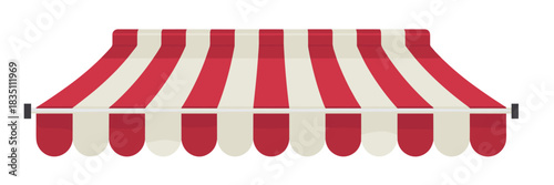 Classic red and white striped shop awning or market canopy flat vector illustration isolated on white background, featuring a decorative scalloped valance, perfect branding element for retail business