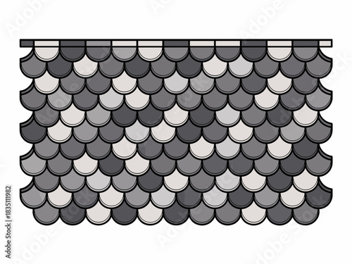 Seamless repeat background pattern of traditional gray scalloped roofing shingles illustration, decorative vector texture ideal for modern architectural surface design, construction industry documenta