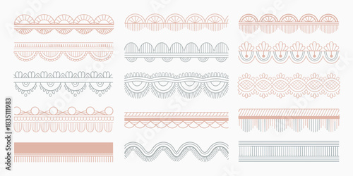 Elegant collection of graphic design vector borders, minimalist continuous decorative patterns, modern linear divider elements, subtle seamless line art trim resembling lace, perfect template for wedd