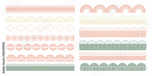 Seamless vector collection of elegant decorative borders and vintage lace trims in soft pastel blush pink, pale cream, and muted sage green, perfect graphic resources for crafting, wedding invitation