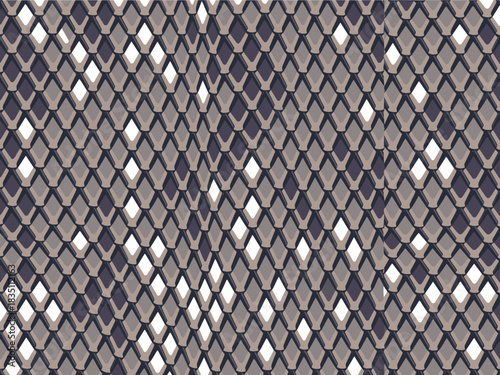 A seamless modern scale pattern featuring overlapping diamond-shaped reptile textures, creating a sophisticated, repeating graphic background in muted gray, charcoal, and deep purple colors, ideal for