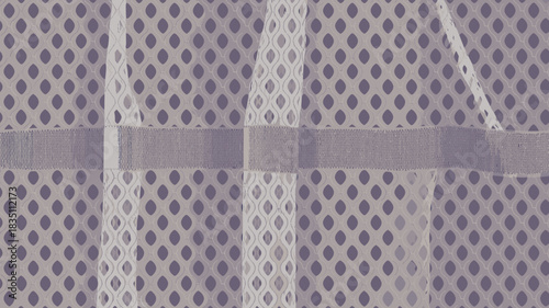 Layered technical fabric texture featuring a translucent, light gray, breathable geometric mesh cloth overlying a dense mauve ogee repeating pattern, accented by a structured woven synthetic horizonta