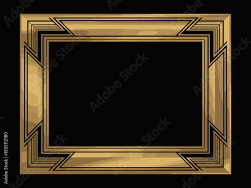 Luxurious golden Art Deco frame border template with sleek geometric patterns used for elegant formal invitations, certificates, movie title cards, and professional business presentations, set against