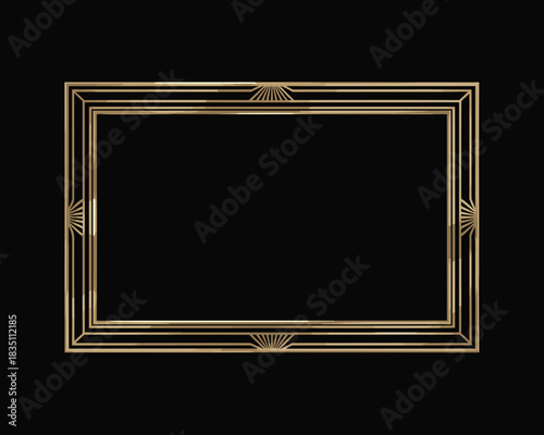 Elegant Art Deco gold geometric luxury border or banner frame featuring symmetrical fan patterns and multiple polished lines, isolated on a deep dark black background for exclusive branding, presentat
