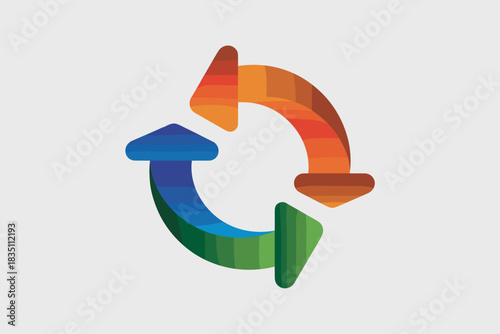 A vibrant multi-colored three-part circular gradient arrow icon illustrating a continuous cycle, workflow process, or perpetual loop, representing renewal, growth, and sustainable business development