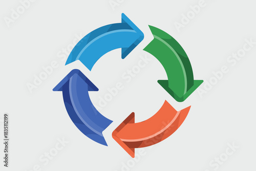 Continuous four-step circular arrow cycle diagram, rendered with vibrant gradients, symbolizing a repetitive business process, circular economy, sustainable recycling, iterative renewal, flow, or deve