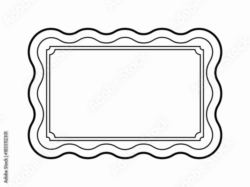 A decorative blank rectangular frame template featuring a thick black wavy outline and detailed scalloped border, perfect graphic design element for diplomas, certificates, signage, labels, invitation