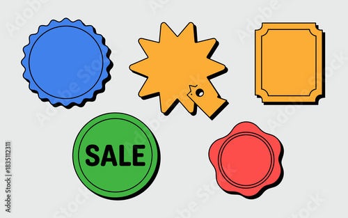 A vibrant graphic vector sticker set compilation featuring colorful promotional sale labels, price tags, starburst splat shapes, scalloped circles, and classic retro rectangular discount seals for mod