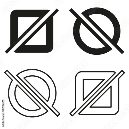 Four prohibition icons. Geometric ban symbols. Outline line shapes. Vector safety set.