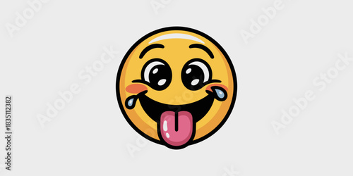 Vibrant yellow drooling emoji face illustration with tongue sticking out, symbolizing extreme hunger, desire, craving, and deliciousness, perfect for funny graphic resources, social media, marketing,