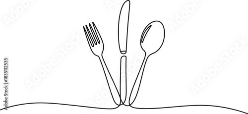 A continuous one line drawing features a fork, knife, and spoon for dining and eating
