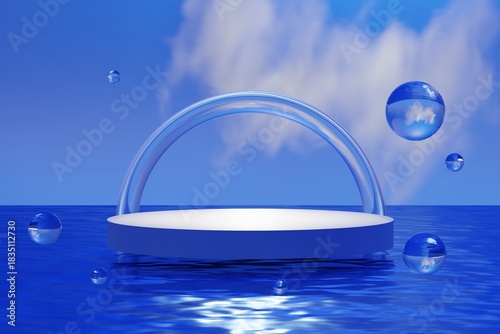 White podium over blue water with floating spheres - 3D rendering