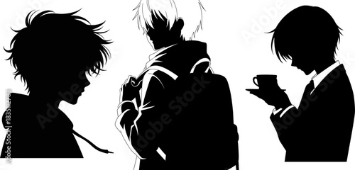 Anime Silhouettes Of A Boy A Student With Backpack And A Man With Coffee vector illustration