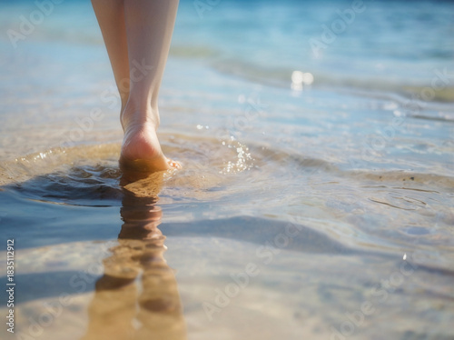 波打ち際で足を濡らす