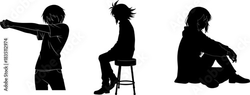 Anime Silhouette Collection of Men in Relaxed and Active Poses on White Background person character
