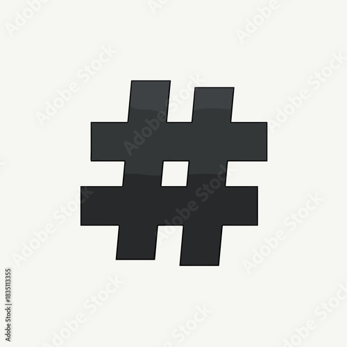 Isolated hashtag symbol on plain background in grayscale, symbol sits centered, casting subtle shadow. Isolated hashtag symbol is useful for online media or digital marketing campaign.