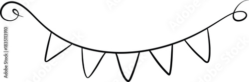 A simple black outline drawing illustrates a festive party garland with several triangular flags suspended on a curved line