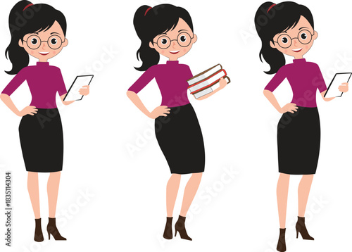 Businesswomen in different poses. Professional Woman Vector Illustration with Tablet and Books. Set of Vector Poses for a Female Teacher or Office Worker.