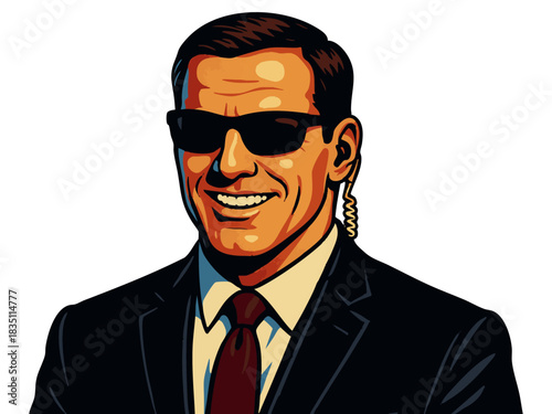 male secret service agent in a suit, with dark sunglasses and earpiece, smiling confidently. Generative ai vector colorful pop art illustration.