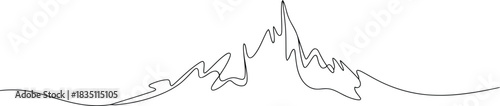 A single continuous black line elegantly sketches a rugged and majestic mountain range landscape