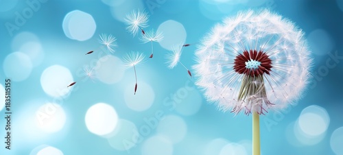 Wishful dandelion seeds drifting gently on breezy blue bokeh background