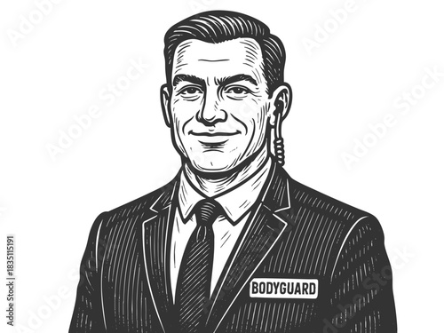 bodyguard in a suit with earpiece, ideal for security and protection themes sketch engraving generative ai fictional character vector illustration. Scratch board imitation. Black and white image.