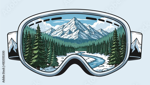Vector graphic of ski and snowboard goggles with a snowy mountain, pine tree, and river landscape visible through the lenses.
