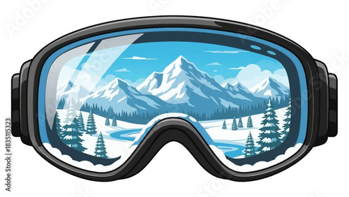 Vector graphic of ski and snowboard goggles with a snowy mountain, pine tree, and river landscape visible through the lenses.
